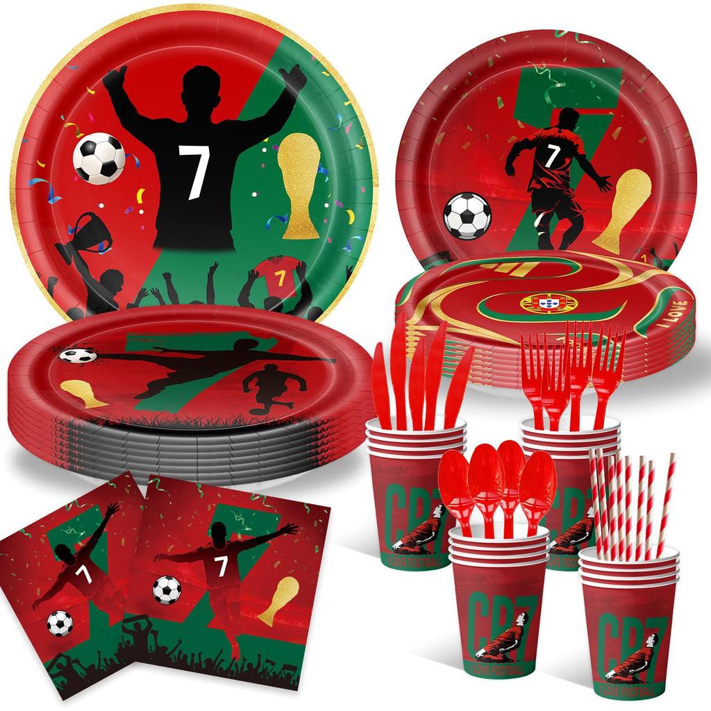 CR7 World Cup Star Fan Party Set: Plates, Cups, Napkins, Tablecloth, Banner & Decorations.