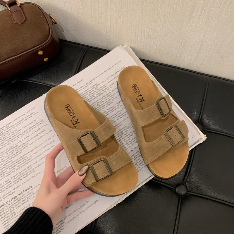 New Retro One-line Casual Beach Shoes for Women with Thick Soles and Soft Leather Slippers