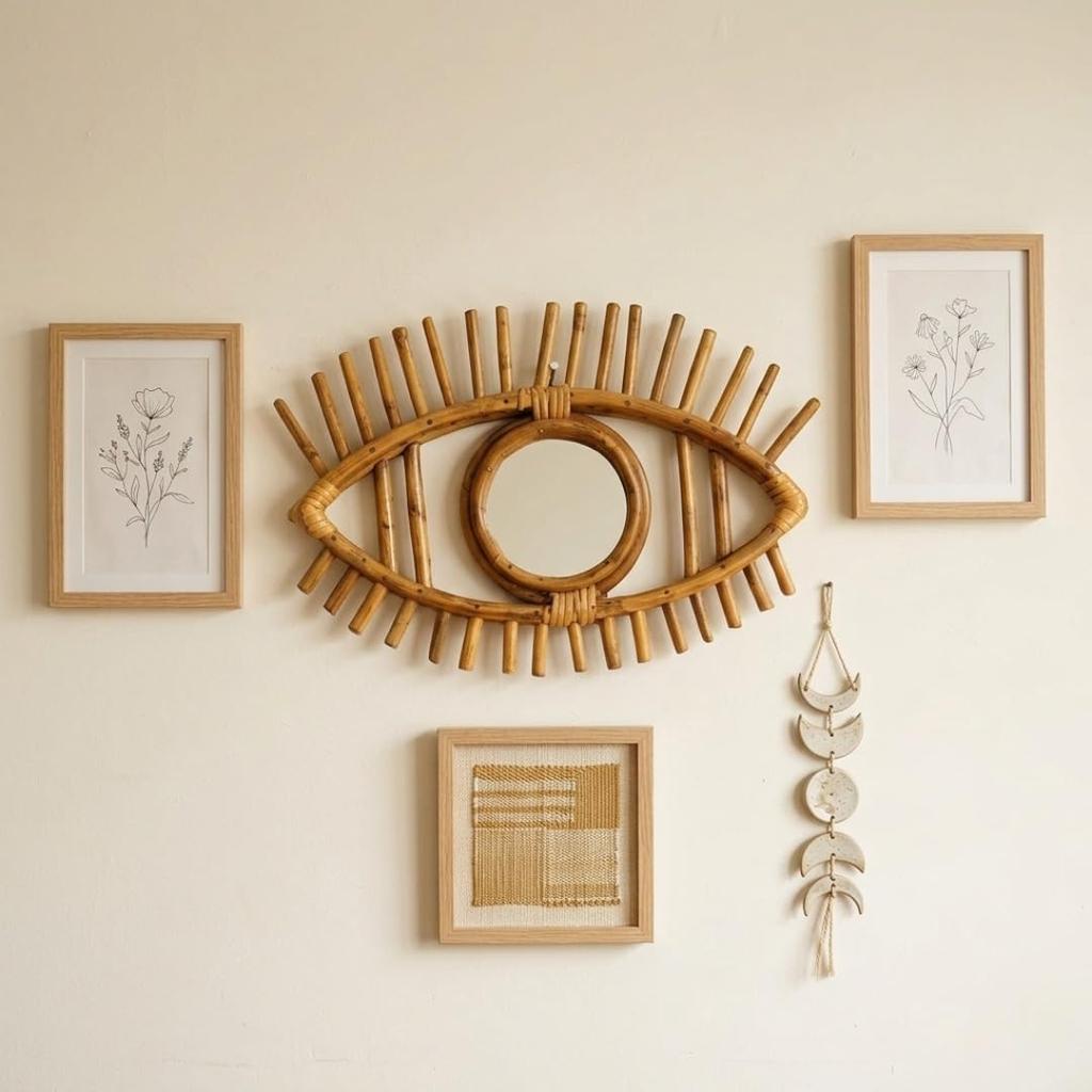 Eco Decx Handcrafted Rattan Eye Shape Wall Mirror, Boho Wooden Hanging Mirror for Bedroom, Entryway & Living Room Decor, 38  x  3  x  38 cm