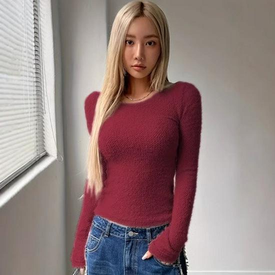 2024 Women's Solid Color Woolen Crew Neck Long Sleeve Autumn/Winter Top