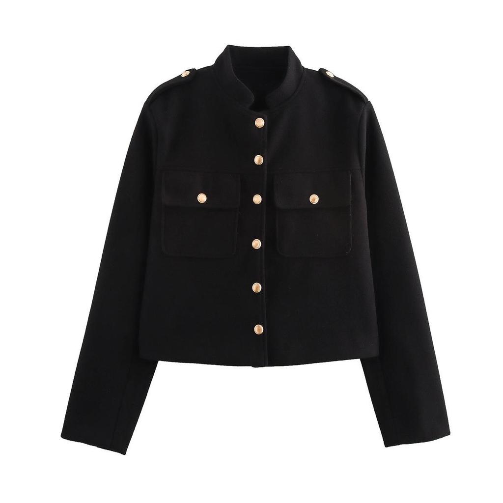 European and American Women's Retro Stand Collar Double-Breasted Short Jacket