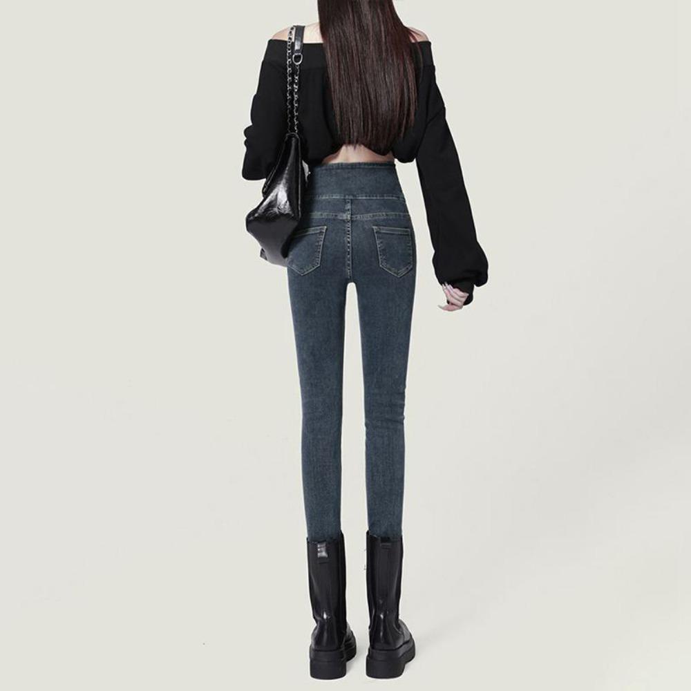 Belly high waist jeans women's design spring and summer new single-breasted three-button elastic slim-fitting small feet pencil denim