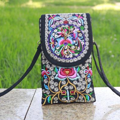 New Ethnic Style Embroidered Bag Women Mobile Phone Bag Flap Canvas Bag Crossbody Bag Double Layer Zero Wallet