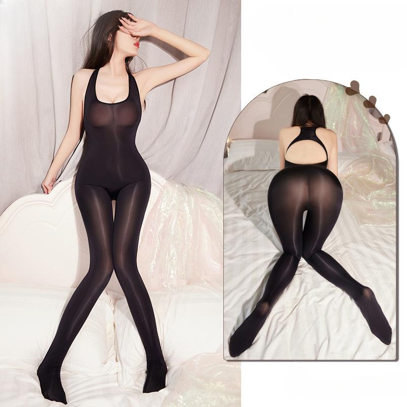 Women Sexy Jumpsuit Oil Shiny Glossy Bodystockings High-Elastic Low-Cut Seamless Stockings Sm Backless Transparent Lingerie