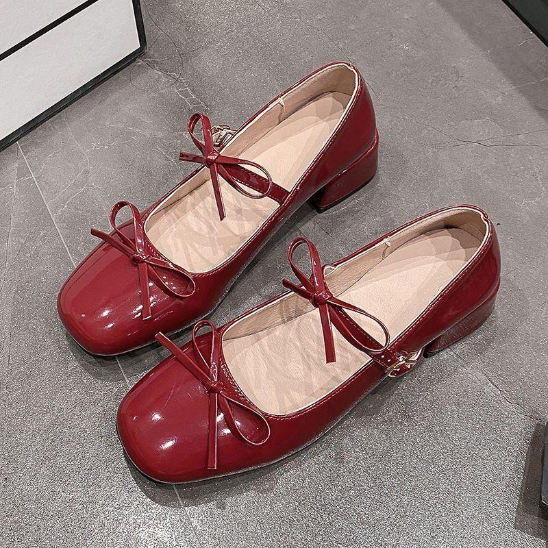 One word with fairy style with skirt Mary Jane shoes square head 2025 bow French retro silver thick heel single shoes