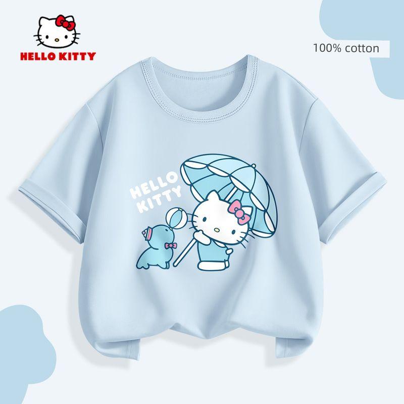 Kitty Girls' Pure Cotton Short-Sleeved Kidsren's T-Shirt Pink Little Girl Spring Wear Inner Wear Half-Sleeved Shirt for Small and Medium-Sized Kidsren