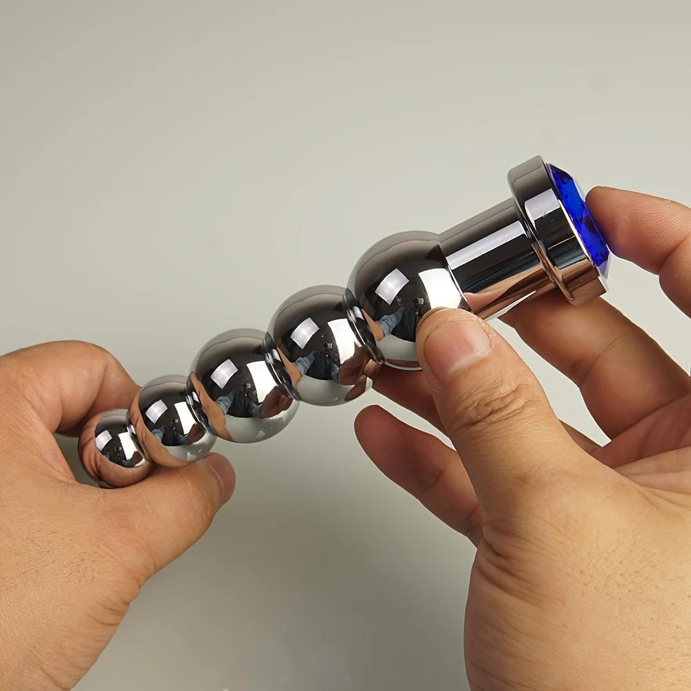 Tapón anal de acero inoxidable para masaje de próstata, con 5 bolas, juguetes sexuales para hombres, mujeres y homosexuales, tapones anales de metal