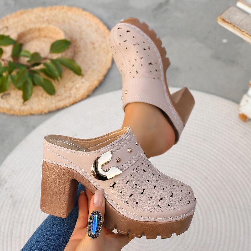 Non-tiring Feet Nude Super High Heels Women's Versatile Temperament Thick Heel Platform Rivet Fashion Baotou Sandals