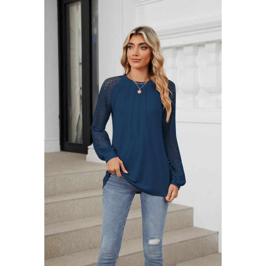 Autumn Winter Lace Patchwork Sleeves T Shirts Fashion Elegant Long Sleeves Top Women’s Round Neck Plus Size Loose T-shirt