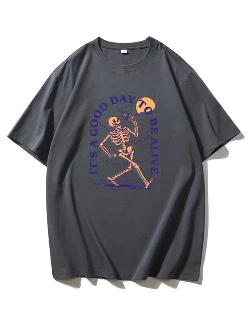 Лето 2025 Новая модная хлопковая футболка с принтом черепа свободная и модная парная короткорукавная мужская и женская одежда S