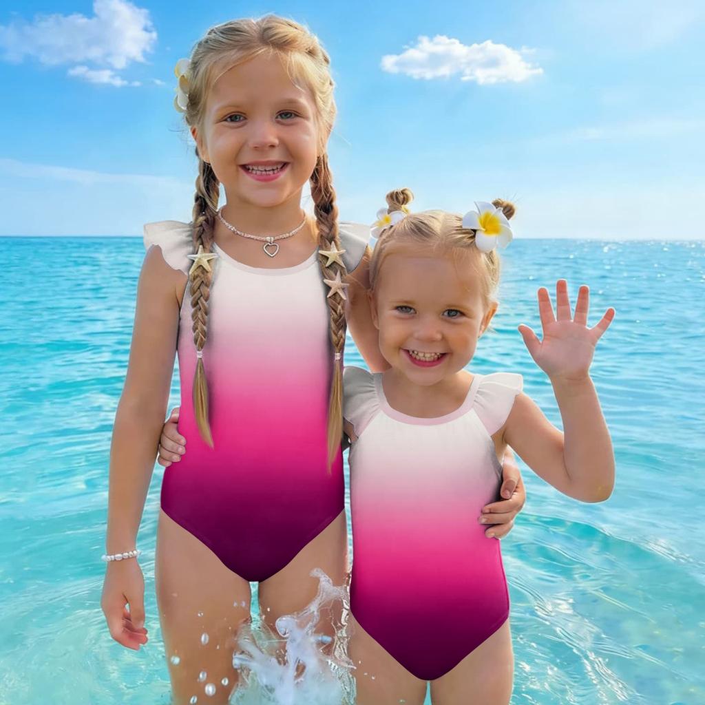 Girls One Piece Swimsuit Gradient Print Sleeveless Ruffle Shoulder Swimwear Summer Beachwear Kids Bathing Suit