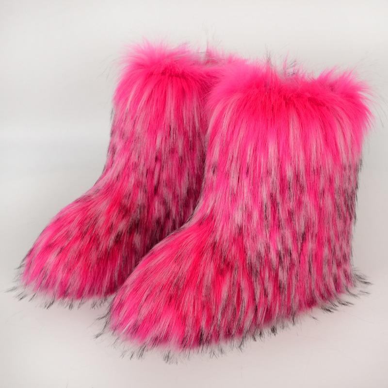Flat heel high top warm winter furry boots deep mouth round head medium tube imitation fox fur snow boots women