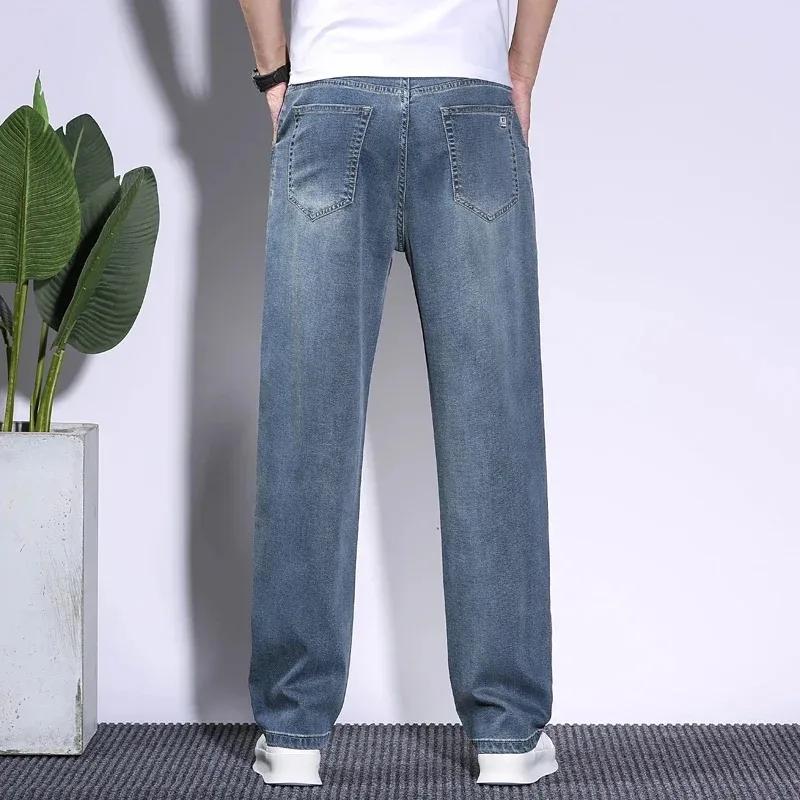 Sommer Herrenjeans aus weichem Lyocell-Stoff, dünne, lockere, gerade Hose mit Kordelzug, elastische Taille, koreanische Freizeithose in Übergröße