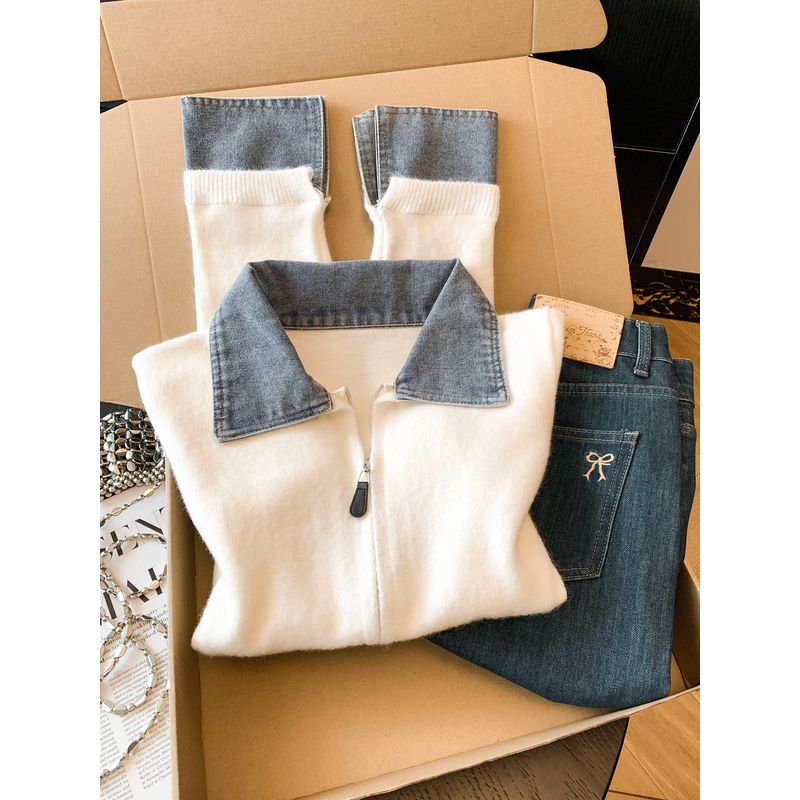 

Shisanxing High-Quality Hot-Selling Item~ Korean-Style Retro Patchwork Denim Turn-Down Collar Zipper Knitted Cardigan Jacket for Women Spring White S