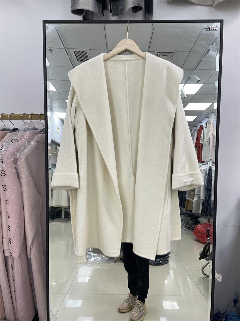

Autumn and winter new belt high-end coat medium and long wool woolen coat double-sided S білий
