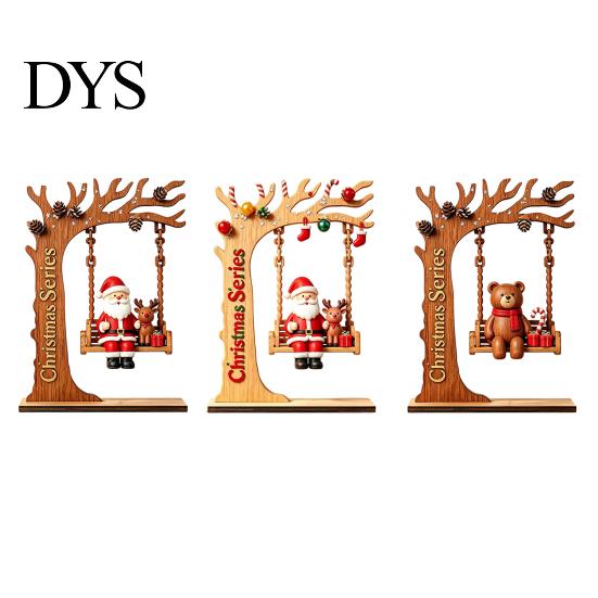 Artisanal Wood Christmas Decor Wooden Swing Ornament with Santa Claus/Bear for Christmas, Tabletop Rustic Home Accents Claus Figurine Living