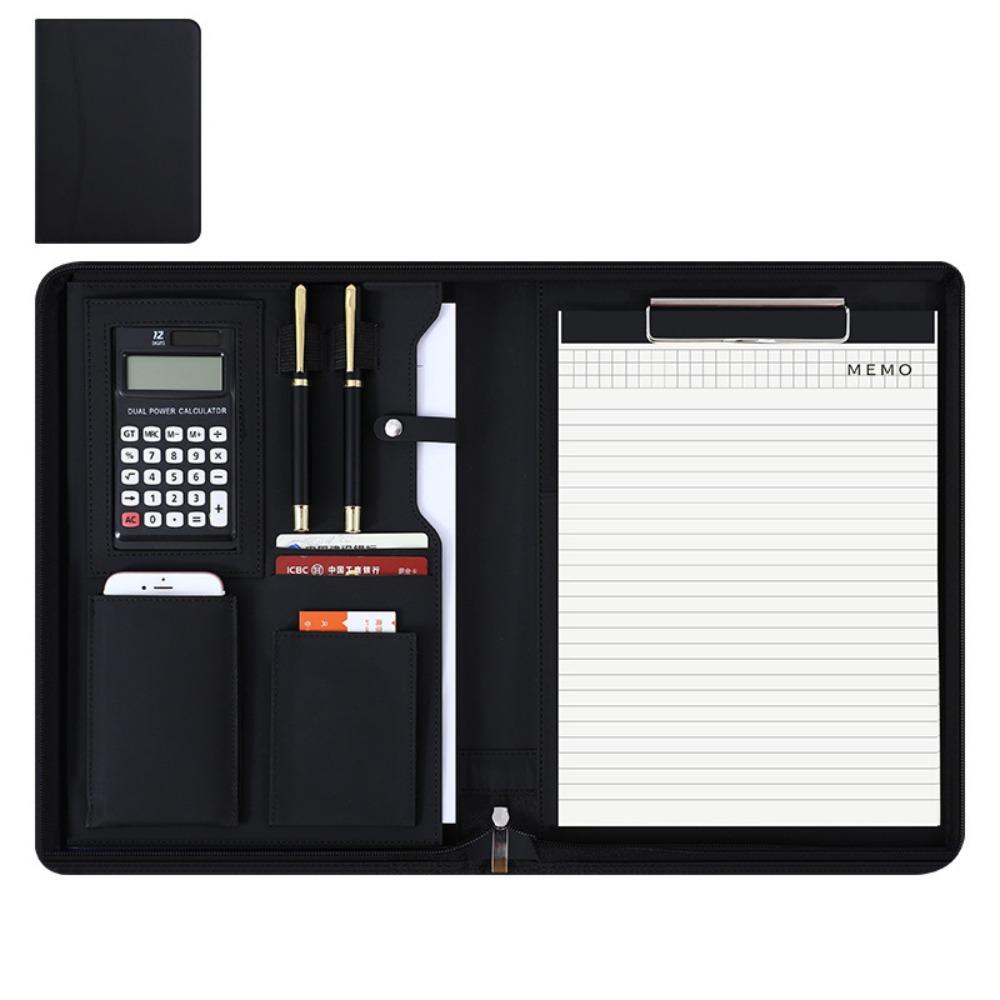 

With Calculator A4 File Folder Zipper Closure Meeting Memo Book Business Notepad Conference 1# Black