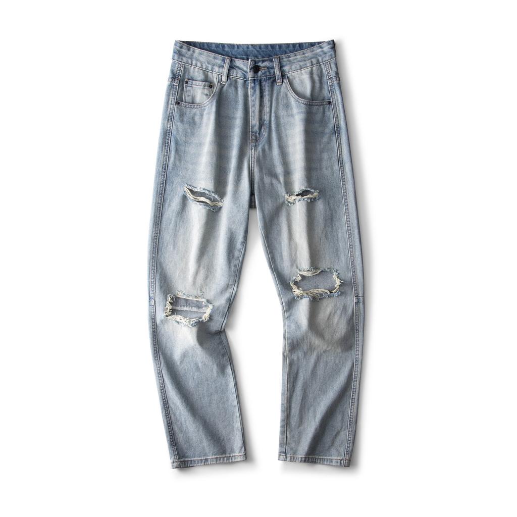 Spring and Summer New Ripped Straight Micro-tip Nostalgic Blue Jeans Denim City