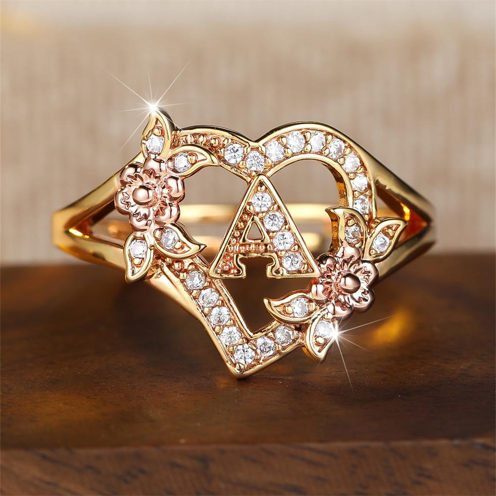 White Zircon Cute Heart Flower Fashion Letter Opening Rings For Women Vintage Gold Color Ring Wedding Jewelry Mother'S Day Gifts