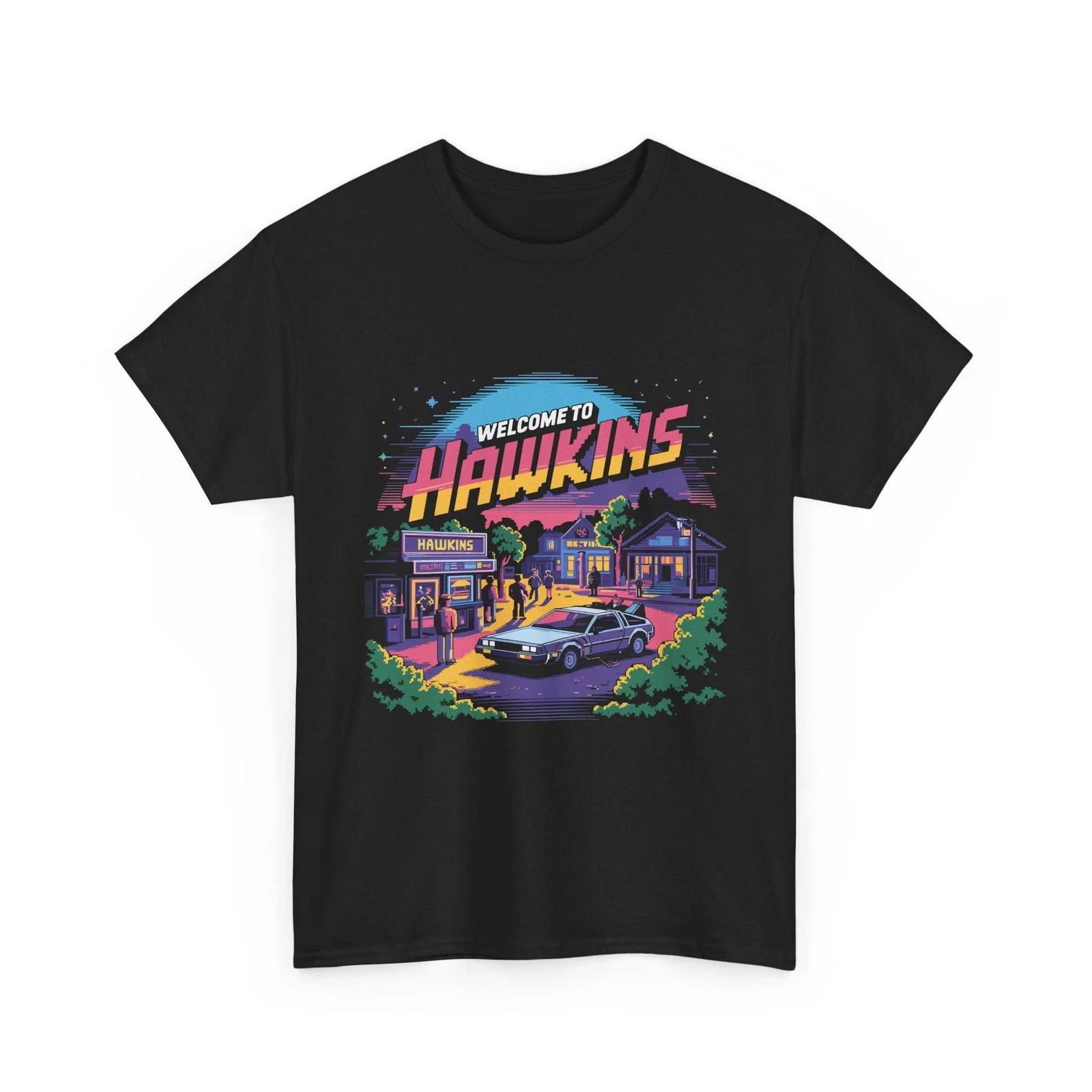 

100% Cotton T-shirt Mens Tees Top Back to the Future Delorean goes to Hawkins 100% cotton XL