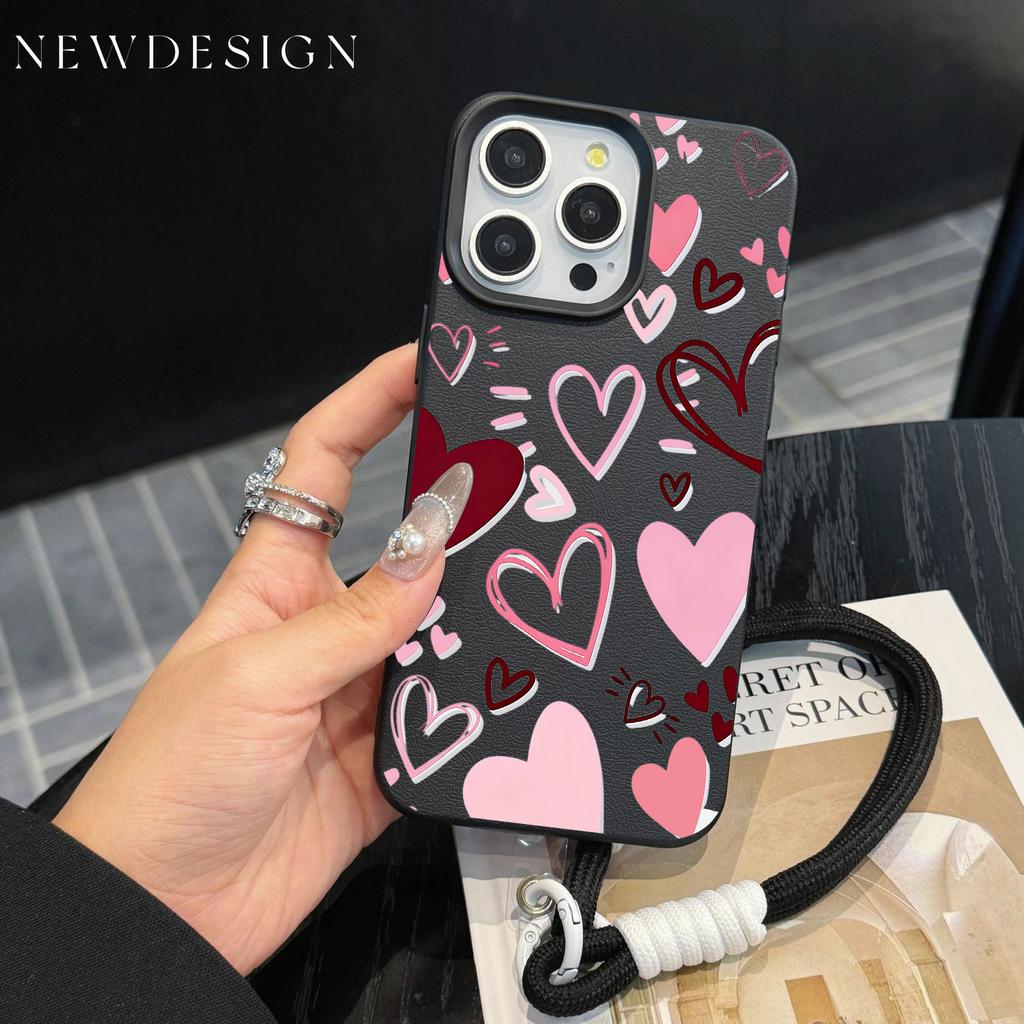 Fashion INS Y2K Love Heart Phone Chain Lanyard Case For iPhone 17 16 15 14 13 12 Pro Max 11 Plus Shockproof Lichee Pattern Funda