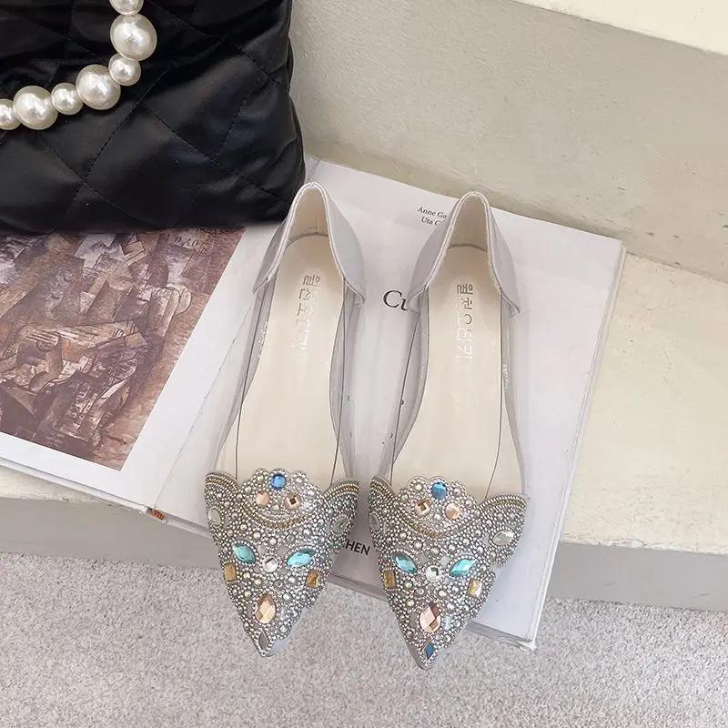 Fashion Women's Flat Shoes Transparent Clear Diamond Red Pointed Toe Rhinestone Ladies Footwear with Crystals Cheap Clearance Stylish 39