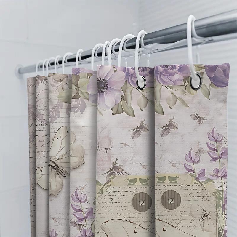 Elegant Purple Flower Butterfly Design Waterproof Heat Resistant Machine Washable Bath Curtain Suitable for Wet & Dry Separation