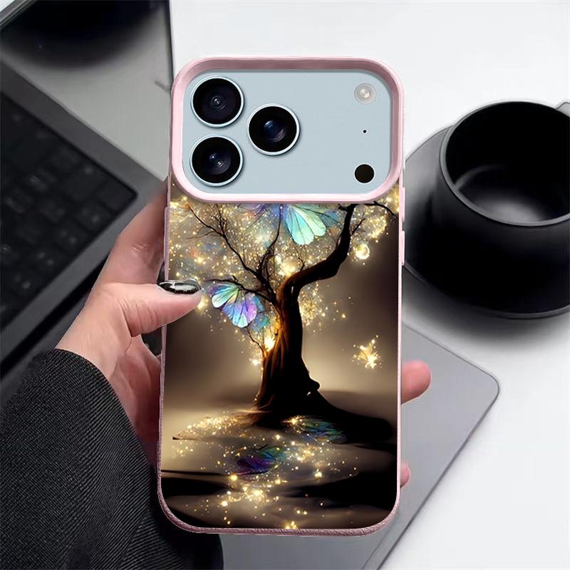 Shining Fantasy Tree Butterfly Pattern Case For iPhone 17 Pro Max iPhone 16 Pro Max 15 14 13 12 11 16E Air Luxury Leather Texture Silicone Cover