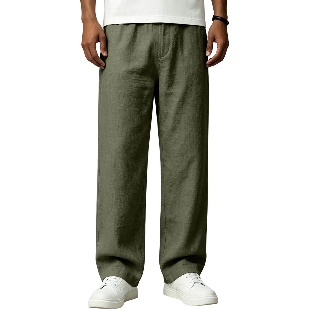 Men's Cotton Linen Casual Pants with Pockets Color Breathable Trousers for Summer