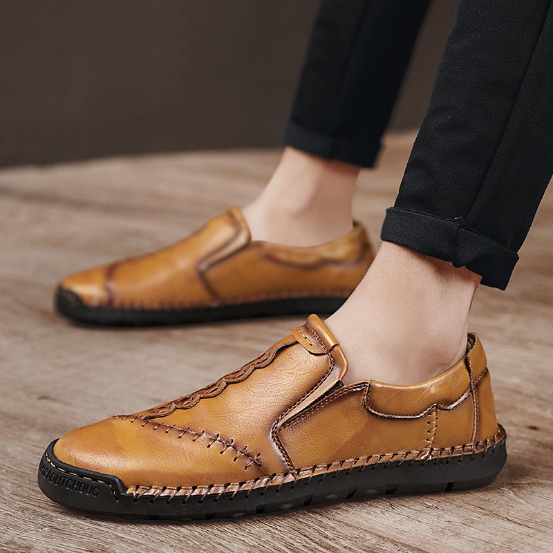 Brown Handmade Leather Men Shoes Casual Slip On Lazy Loafers Driving Breathable Outdoor Flats Hot Sale Moccasins Plus Size 48