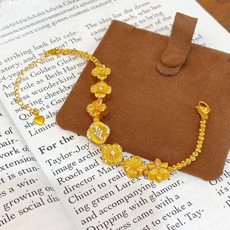9999 24K Real Gold Dot Diamond Brushed Streamer Bead Bracelet with Flowers Blooming Flowers and Bracelets for Girlfriend