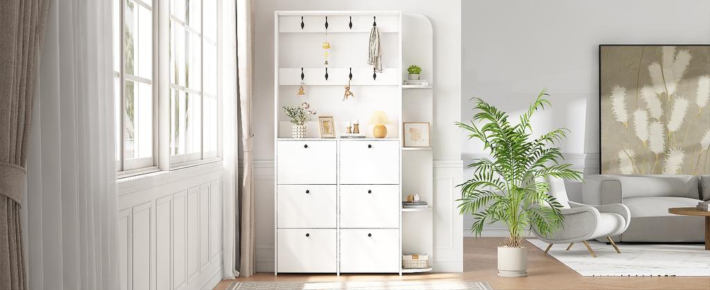 120 x 24 x 200 cm, Coat Rack for Entrance Area, 3-in-1 Multifunctional Shoe Cabinet, Flip Door, 8 Hooks, Living Room Cabinet with 5 Shelves, White