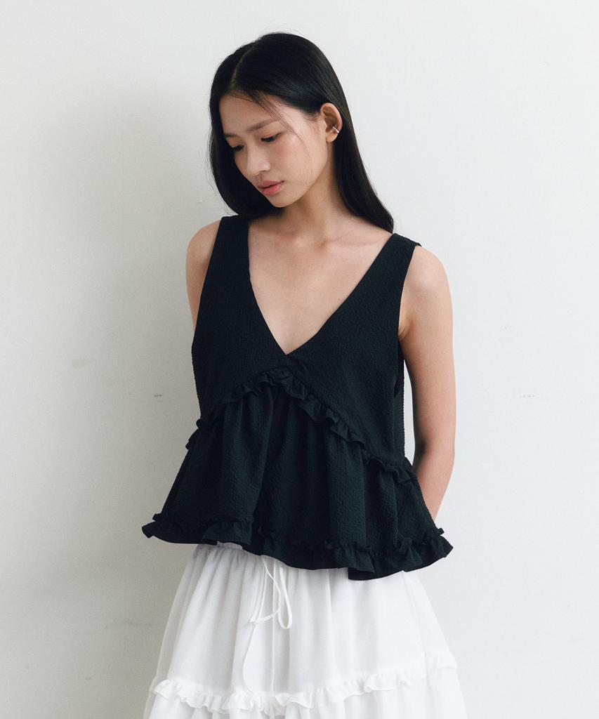 SSEMI V-Neck Frill Sleeveless Blouse(Bk)