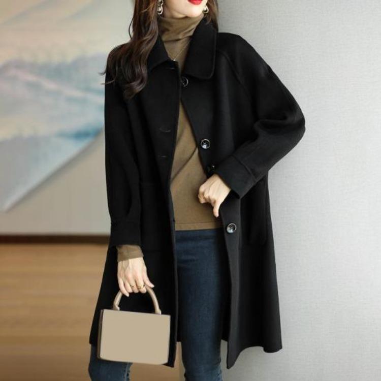 Winter Coat Women Thermal Overcoat Turn Down Collar Long Sleeves Loose Fit Cardigan Single Breasted Pure Color Pockets Commuting Dating Winter Jacket