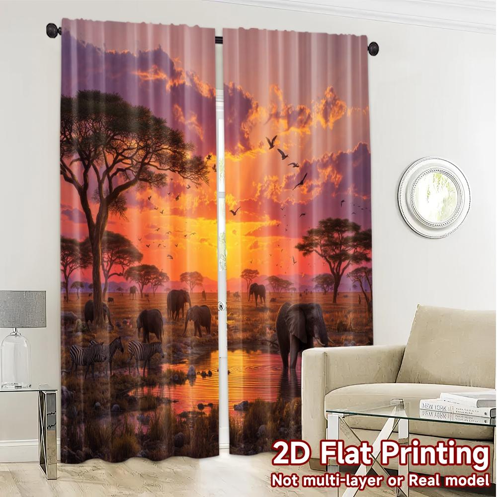 2pcs, 2D FLAT PRINTING Curtains (Without Rod) Savanna Sunset(1) Chic Curtains Versatile Polyester Curtains Decorations