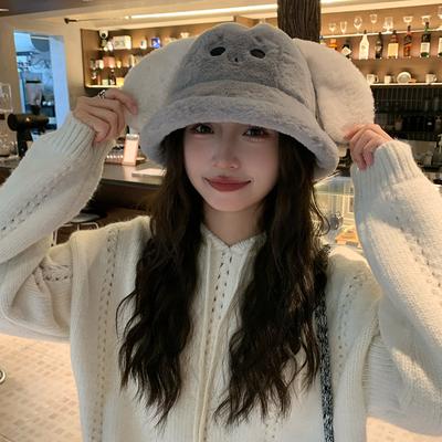 Plush Bucket Hat for Women Autumn and Winter Warm  Ladies Rabbit FurCute Puppy Dog Ears Fisherman Hat Soft Thicken