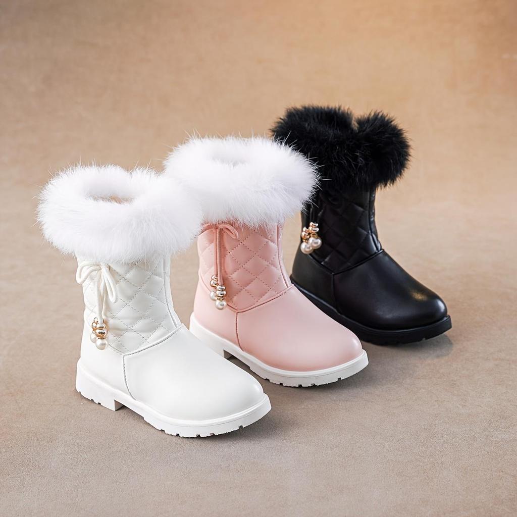 Winterstiefel für Mädchen 2024, warme süße Perlenschleife, Steppmuster, Cartoon-Volltonfarbe