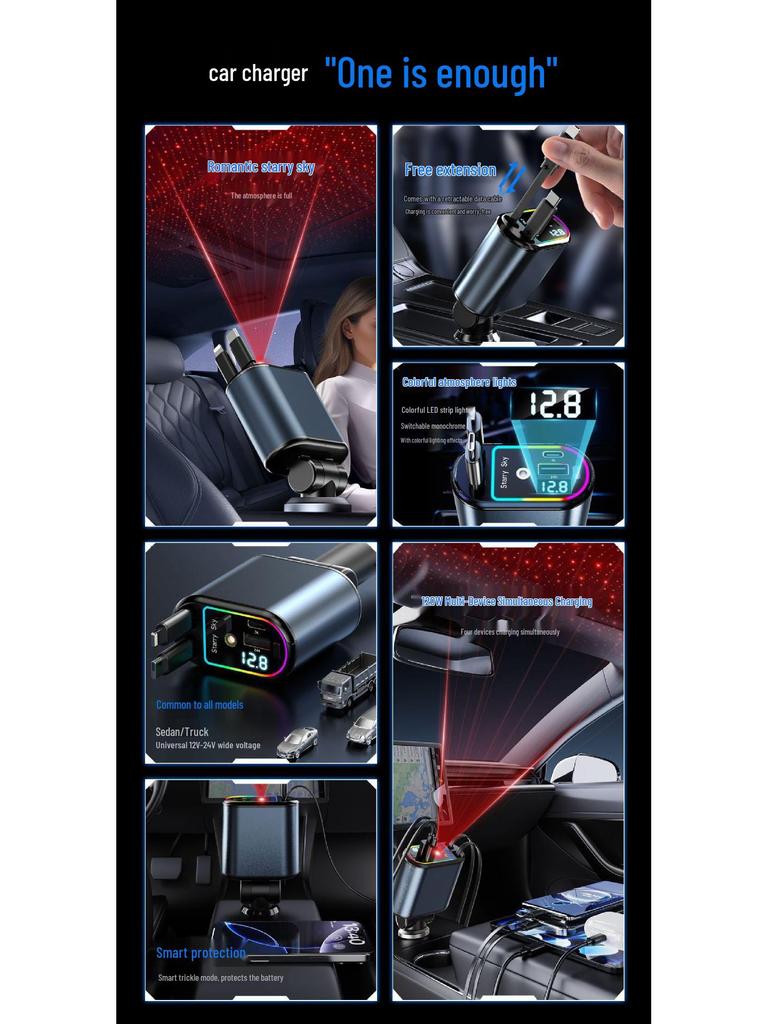 Dual USB Car Charger with Digital Display and Retractable Cable