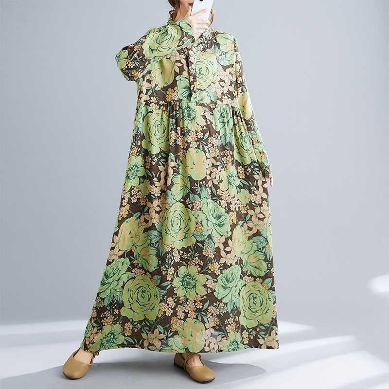 New Bohemian Vintage Printed Loose Belly Covering Long Sleeve Big Swing Long Dresses