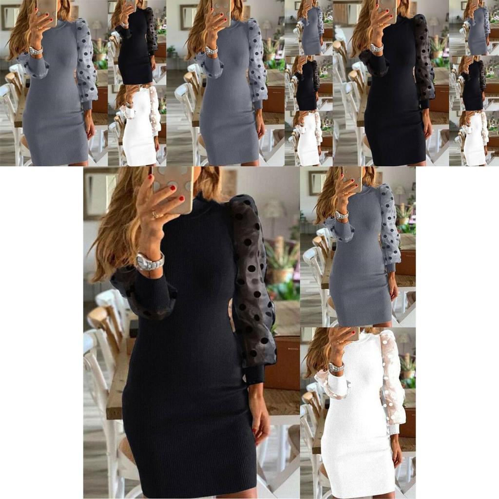Elegant Women's Polka Dot Jumper With Long Net Yarn Sleeves For Flattering Bodycon Fit