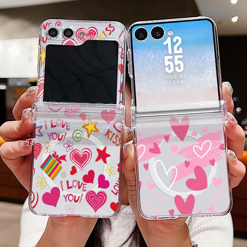 Modern Love Hearts Print Case For Samsung Galaxy Z Flip 8 7 FE 6 5 Z Flip8 Flip7 Flip6 Magnetic Clear Hard PC Folding Phone Cover