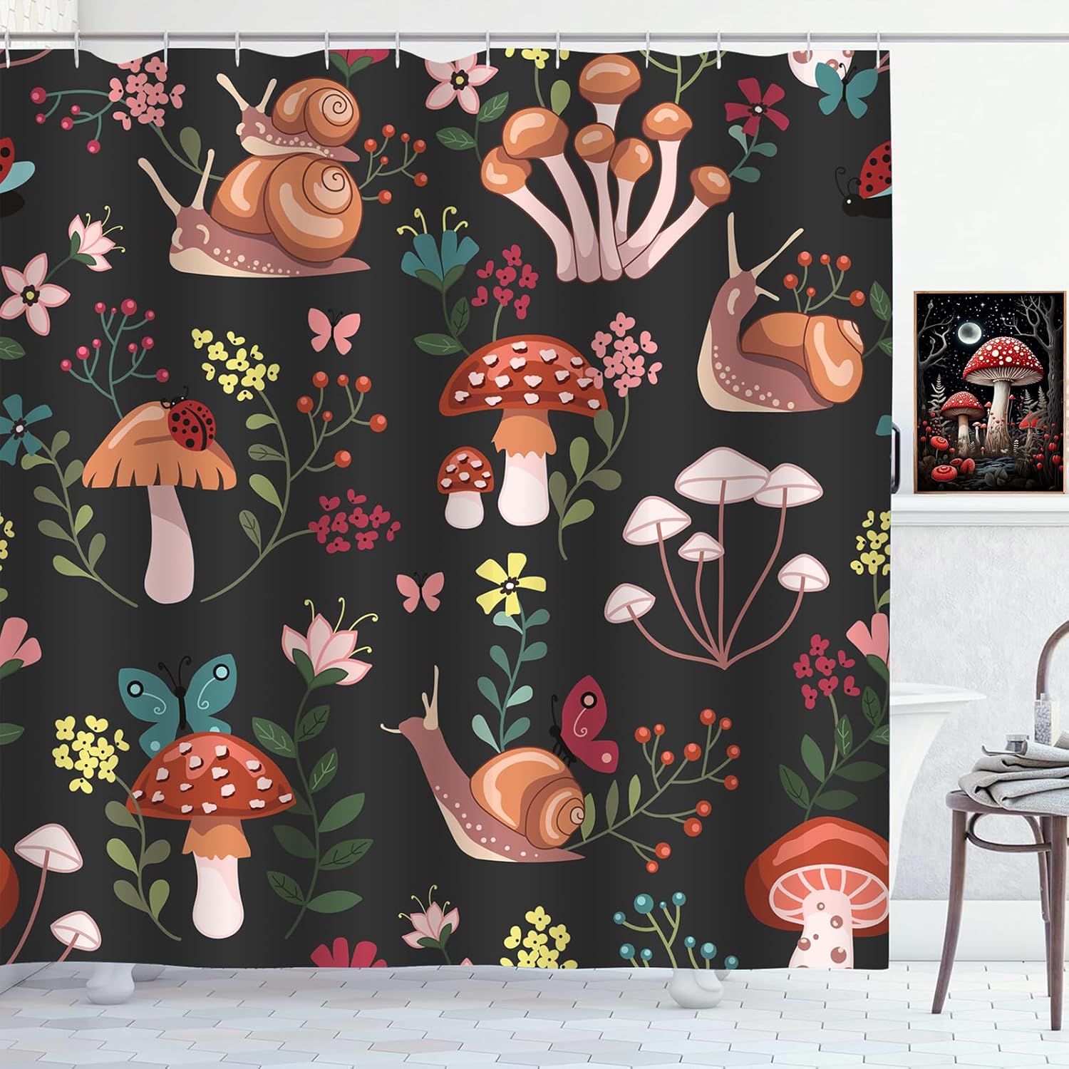 

Vintage Boho Mushroom Shower Curtain Forest Floral Plant On Black Background Shower Curtains For Bathroom Waterproof Polyester F W60H190(CM)-1 Pcs