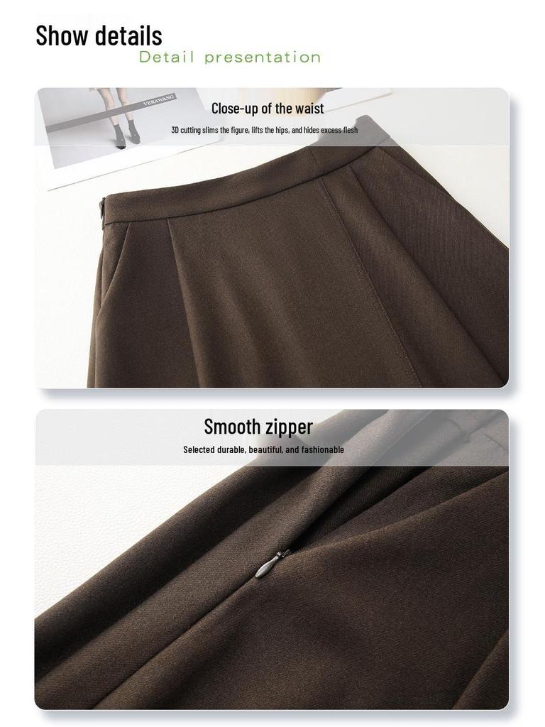 Women's Gray Pleated A-Line Midi Skirt - 2024 Fall/Winter, Elastic Waist, Slimming Fit