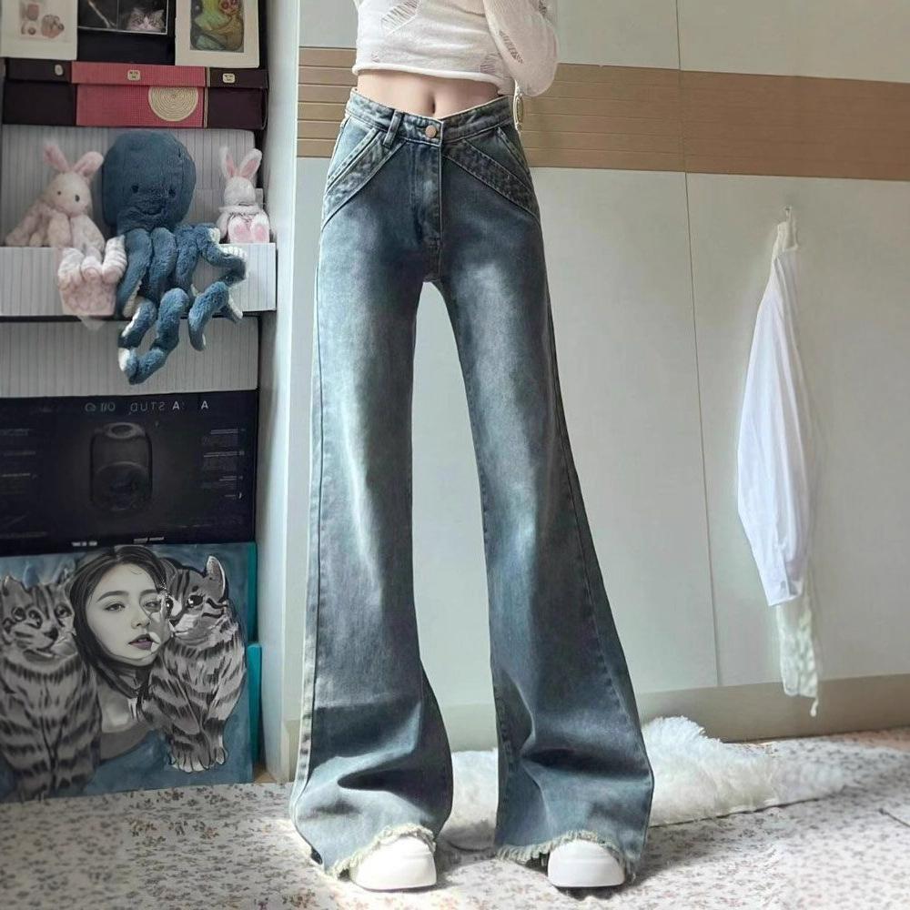 Vintage Raw Edge Micro Flare Jeans Women Summer Slim Covering Flesh Skinny Hundred Flare Pants Retro Street Style Baggy Long Jeans for Ladies