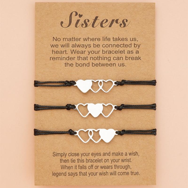 3 Pcs Three Sisters Stainless Steel Heart Bracelet Handmade Matching Heart Distance Heart-to-Heart Sister Card Bracelets