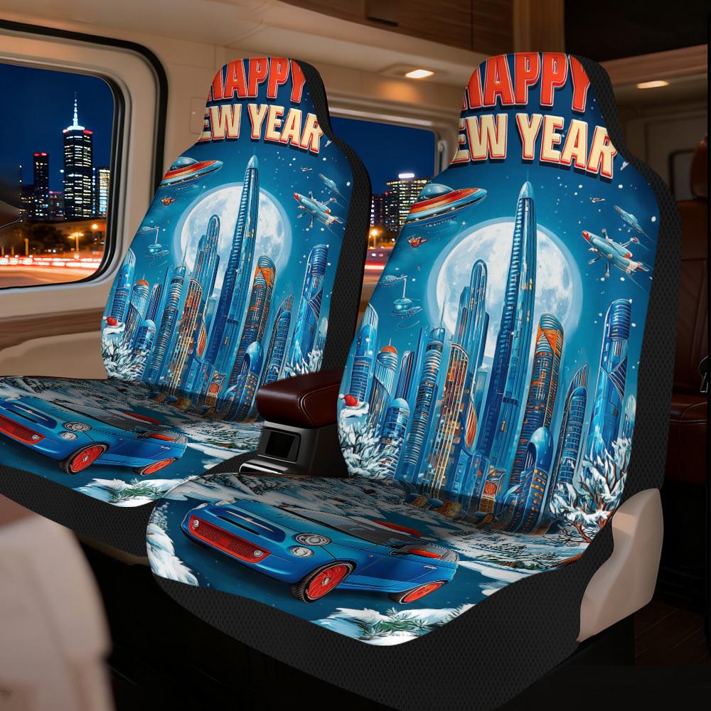 2pcs Stylish Festive Cityscape Car New Year Front Seat Covers, Universal Fit For Single Front Car Seats, Machine Washable Polyes