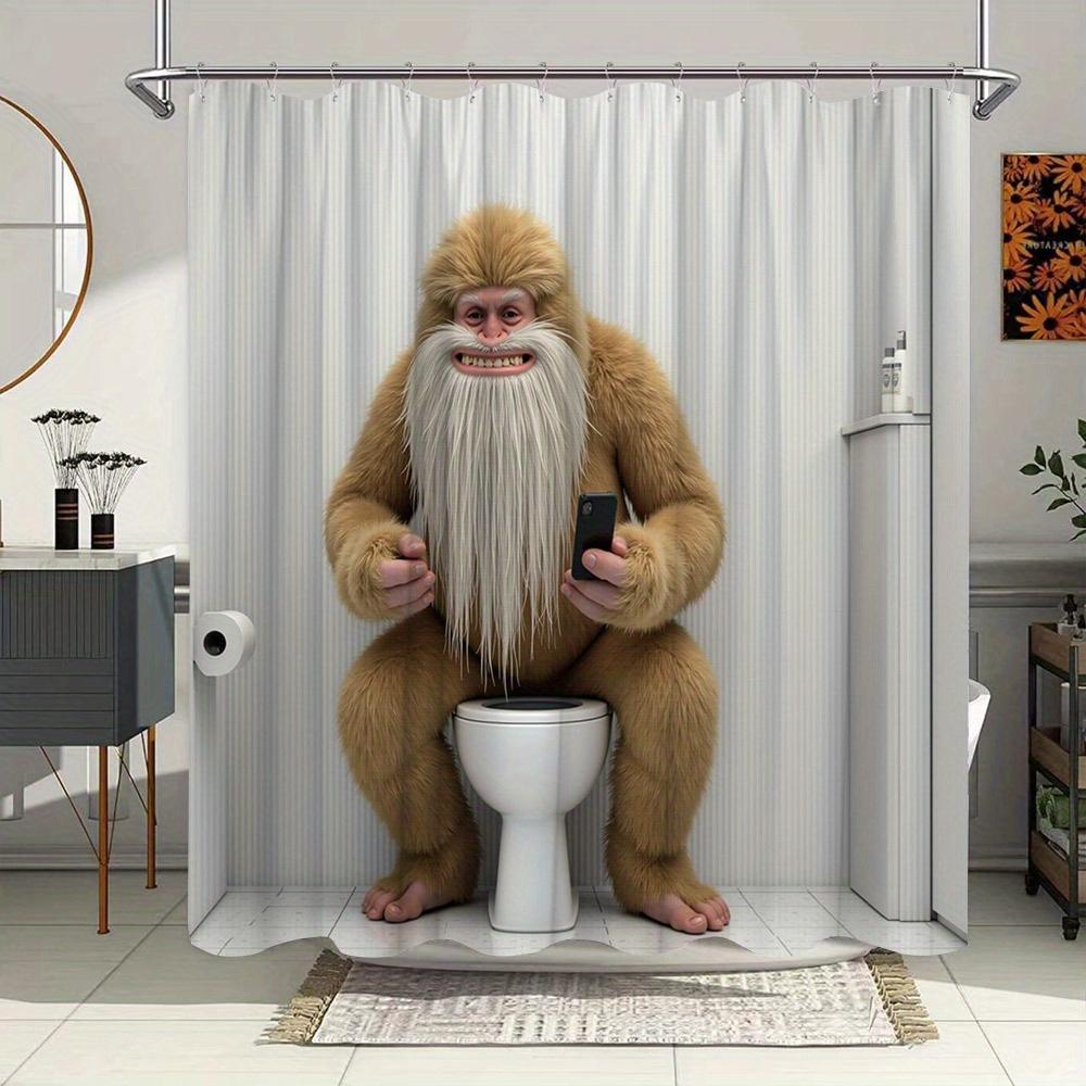 

1pc Ape-Bearded Creature Shower Curtain, Water-Resistant Polyester, 12 Hooks, Woven White Tile & Minimalist Design W90xH180cm