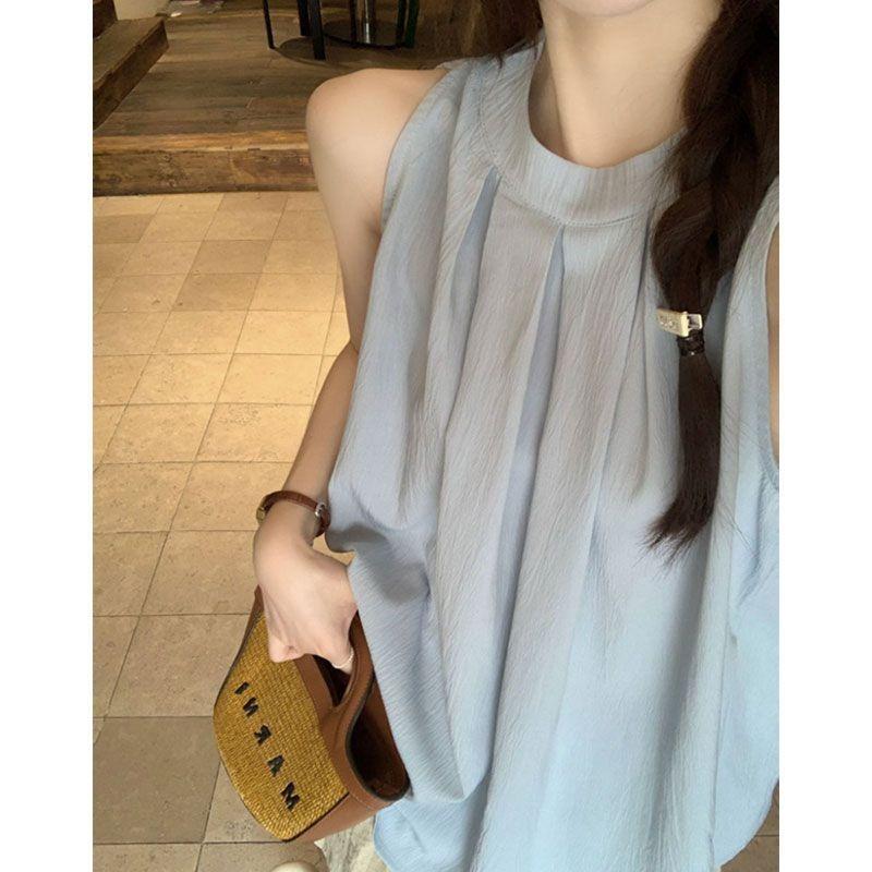 Women's New Summer Style Light Blue Halterneck Off-shoulder Sleeveless Vest Loose Casual Top