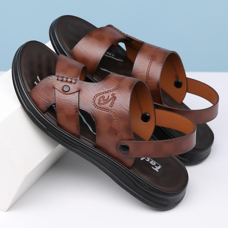 Men Black Leather Sandals Simple Flats Summer Brown Outdoor Hiking Sandals Outdoor Wide Beach Shoes for Father Over Sized
