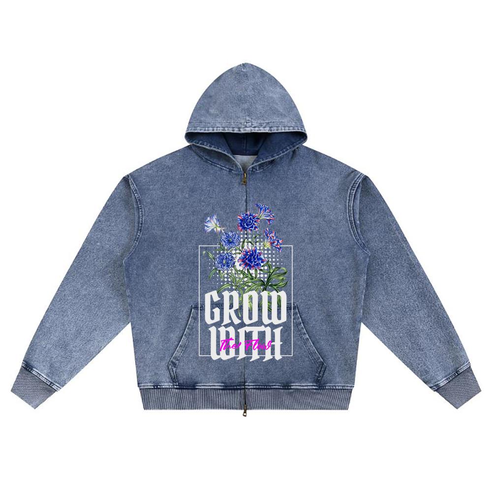 DTG print Knitted Denim Zip-Up Hoodie Grow With The Flow Brother Print Zipper Hoodies  
